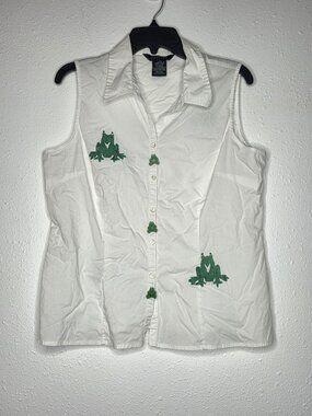 George Stretch Frogcore White Sleeveless Frog Embellished Button-Down Shirt L